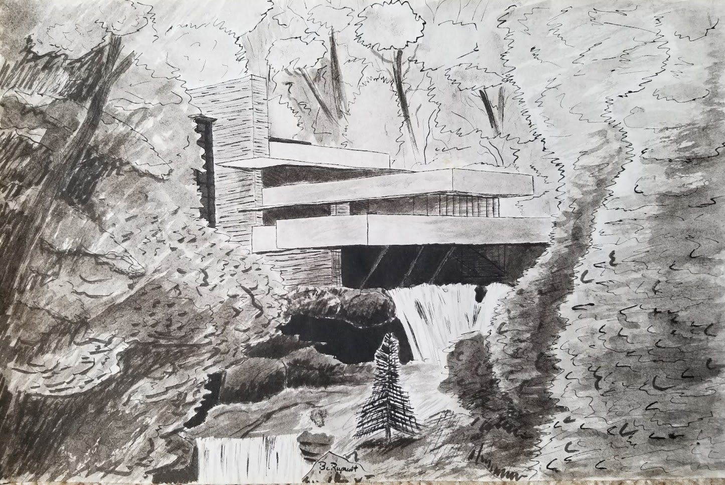 Ink dip pen drawing of Frank Lloyd Wright's Fallingwater